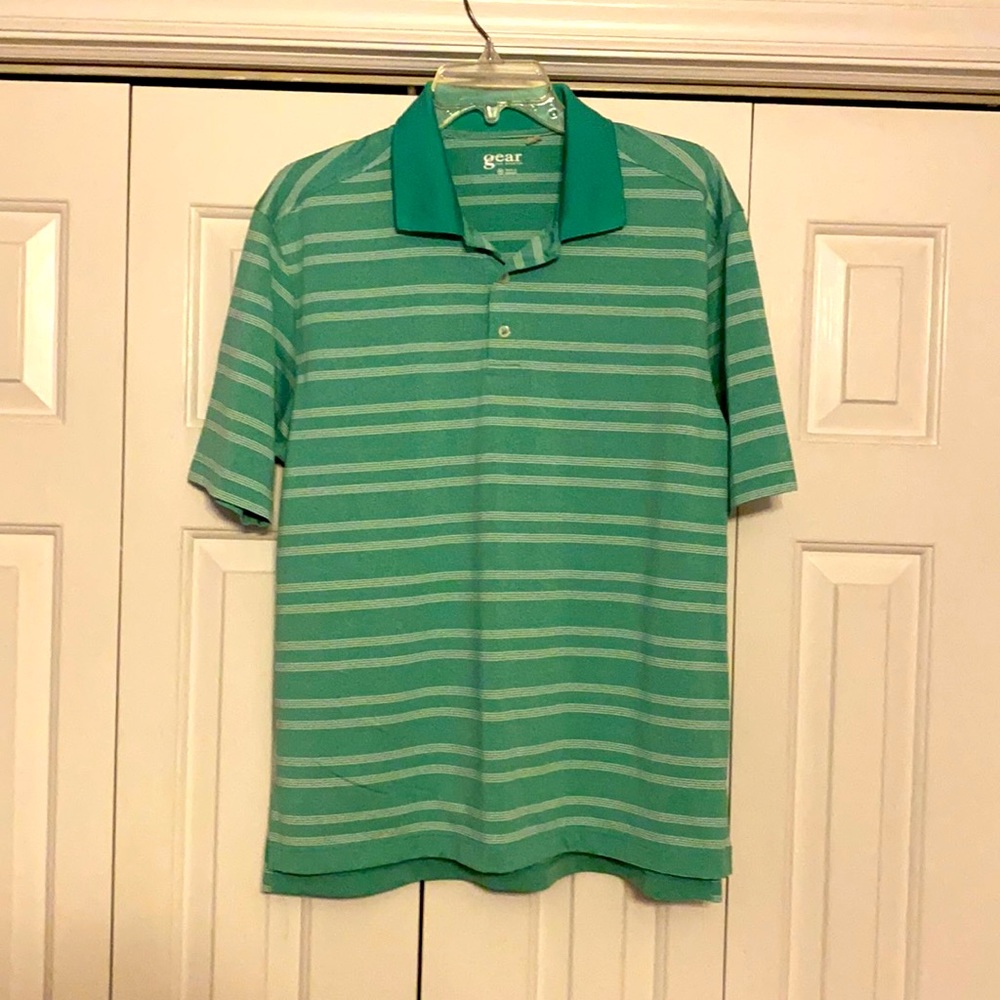 Green and white striped polo, like new, medium